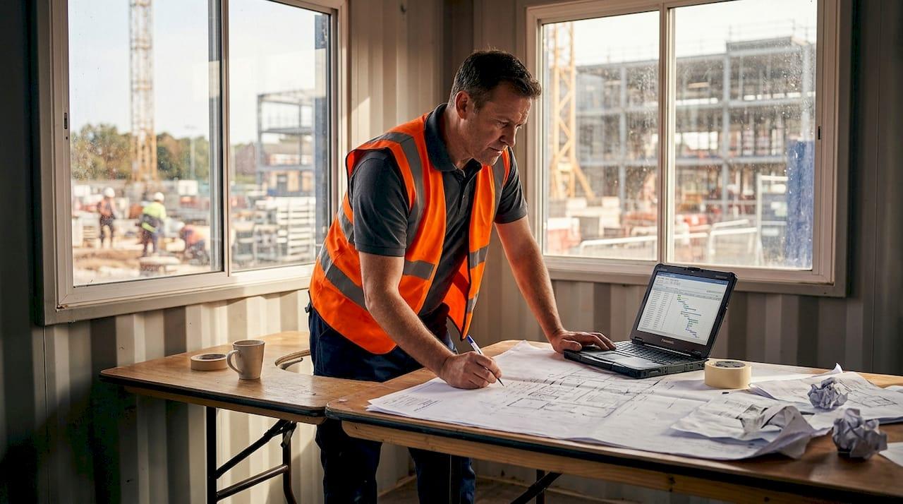 Man in an orange safety vest using a laptop on-site to support reliable business internet in Perth solutions for construction.