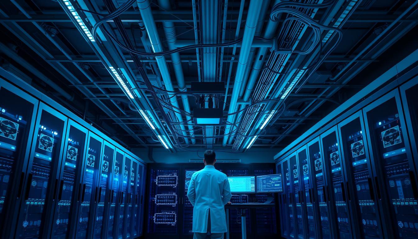 Man in a lab coat standing in a server room supporting private cloud Perth and disaster recovery solutions.