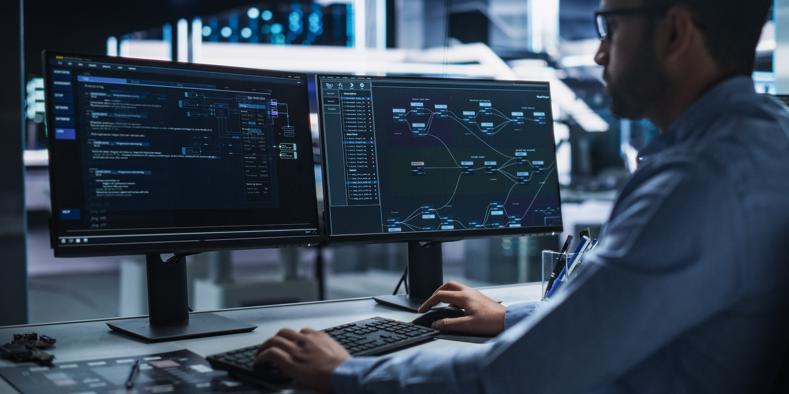 Man working at dual computer screens monitoring network threats and cyber security Perth solutions in a modern office.